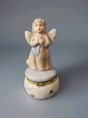 Vintage Trinket Angel Jewelry Treasure Box Hinged 5” Tall Ceramic Collectible